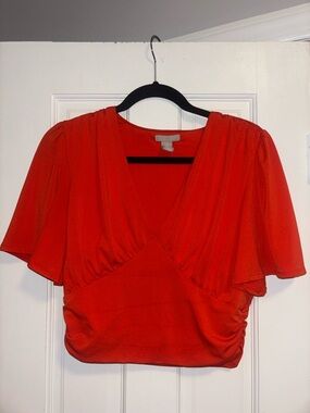 Red Plunge Flutter Sleeve Top